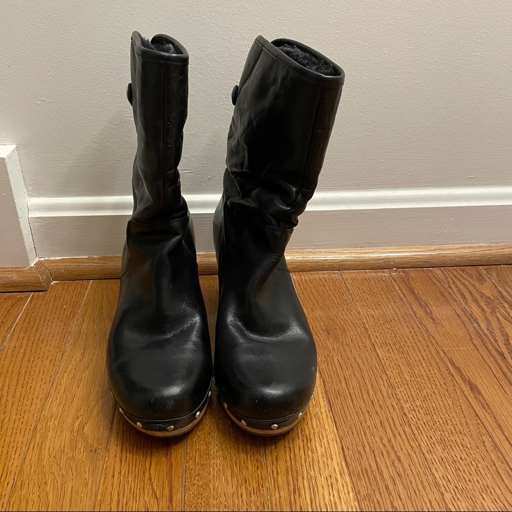 UGG Lynnea Stud Shearling Lined Black Leather Fold-Over Clog Boots